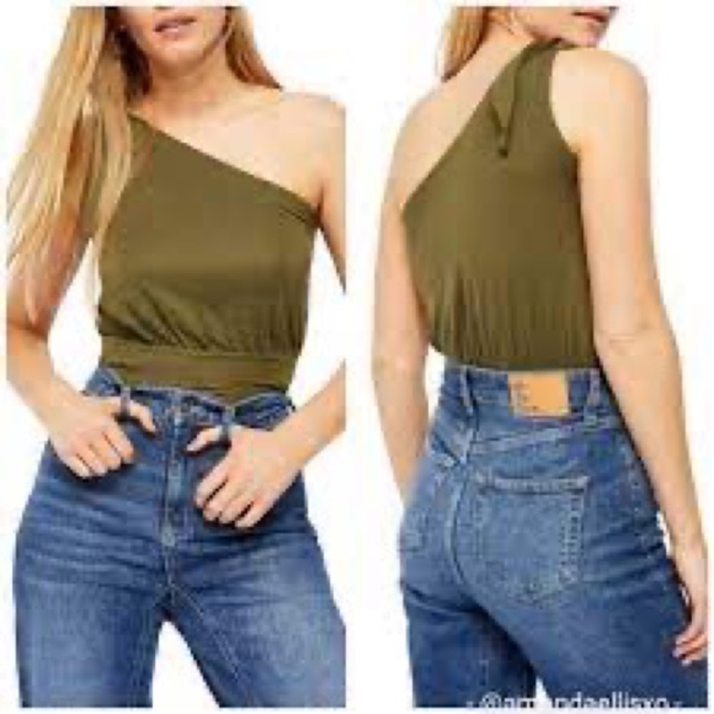 NWT Free People One Shoulder Bunny Ear Tie Shindig Tank Top Army